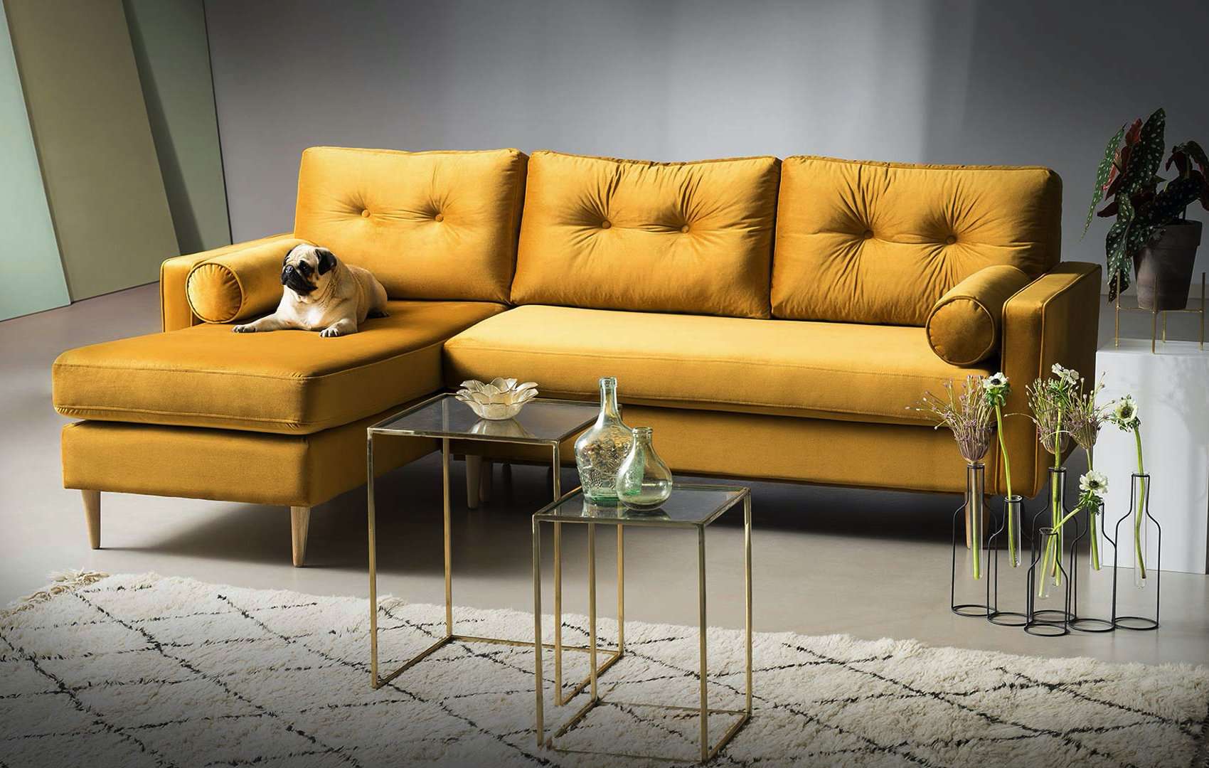 Garstyčių spalvos kampinė sofa-lova su stikliniais staliukais svetainėje