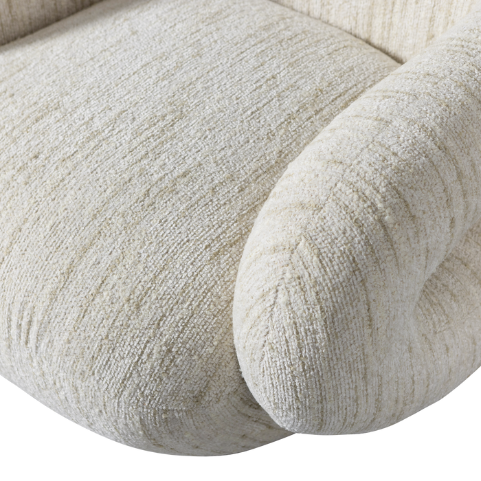 Folke fotelio beige melanžo šenilinio audinio detalė iš arti