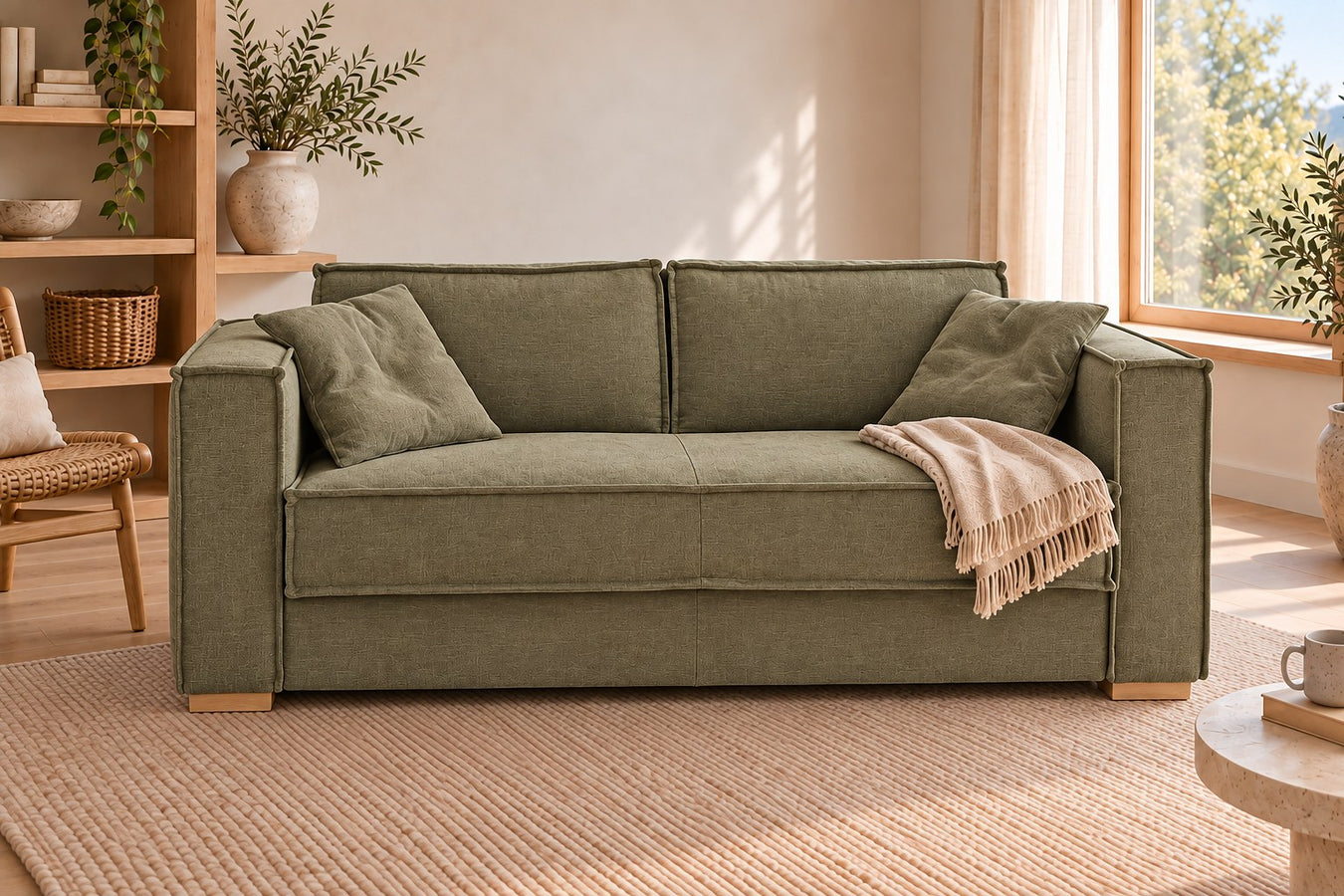 Itališka sofa-lova žalsvo audinio jaukioje svetainėje